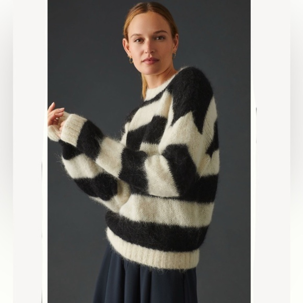 Mother Sweater The Jumper Crewneck Fuzzy in King Julian Black White Striped